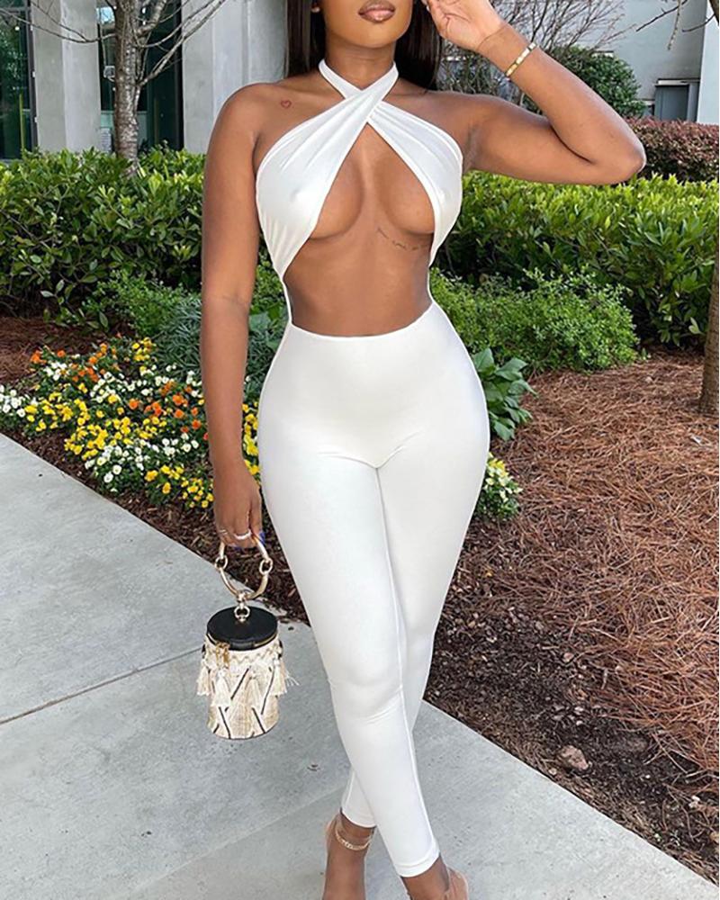 

Halter Cross Front Cutout Backless Skinny Jumpsuit, White