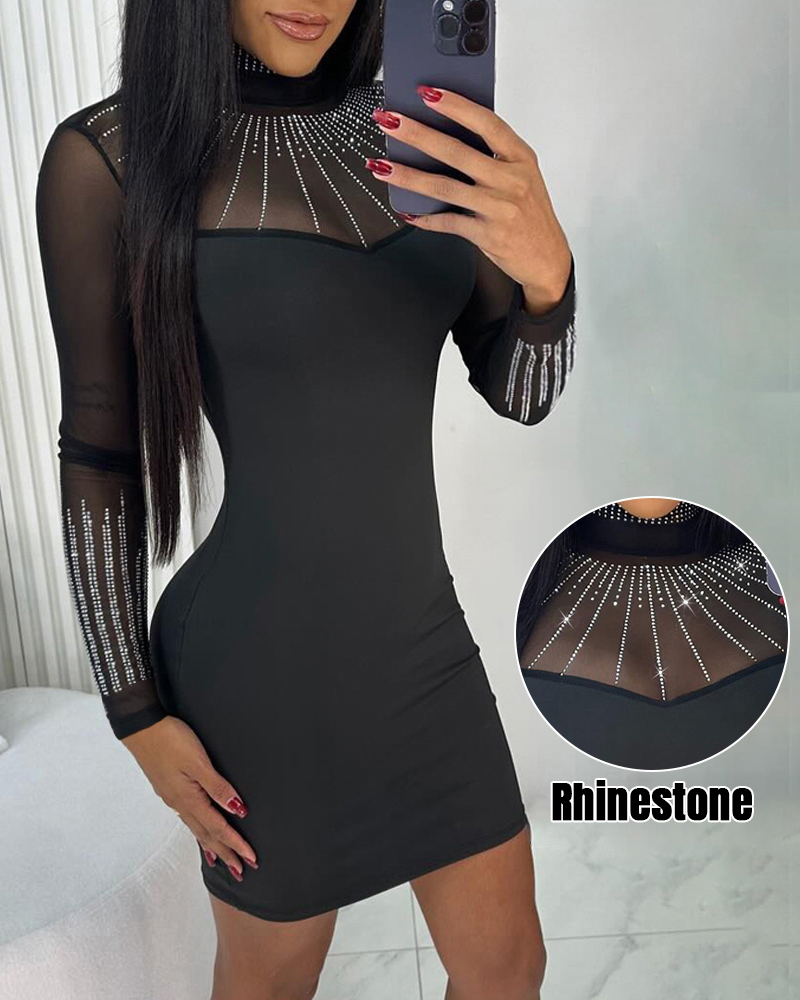 

Sheer Mesh Patch Rhinestone Decor High Neck Bodycon Dress, Black