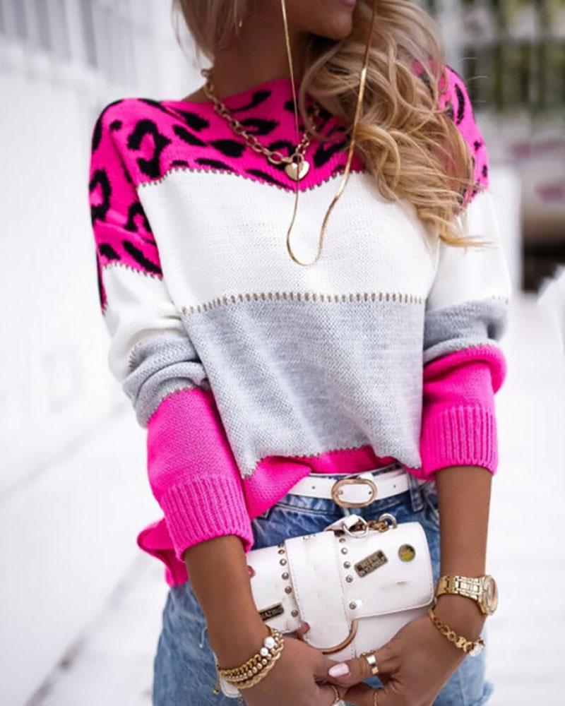 

Cheetah Print Colorblock Long Sleeve Sweater, Hot pink