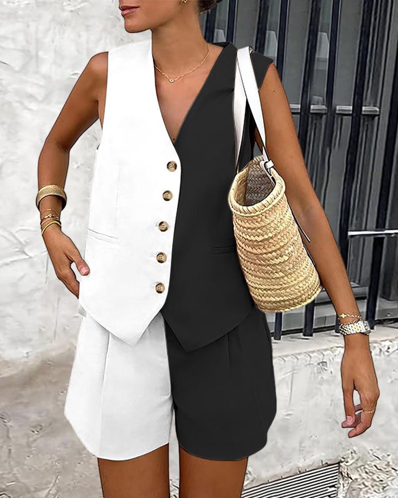 

Colorblock Buttoned Vest Top & Pocket Design Shorts Set, Black