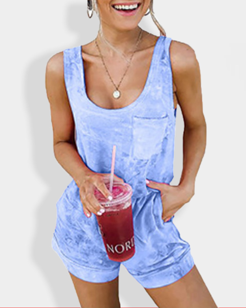 

Tie Dye Print Pocket Design Tank Top & Shorts Set, Blue