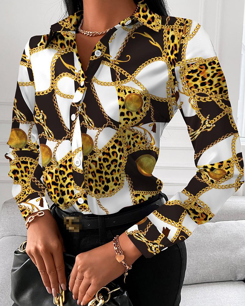 

Chain Cheetah Print Button Up Long Sleeve Shirt, Yellow