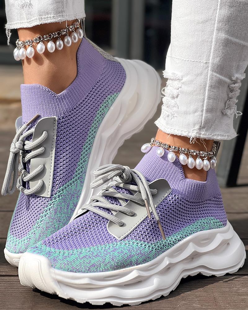 

Colorblock Lace-up Breathable Sneakers, Green&purple