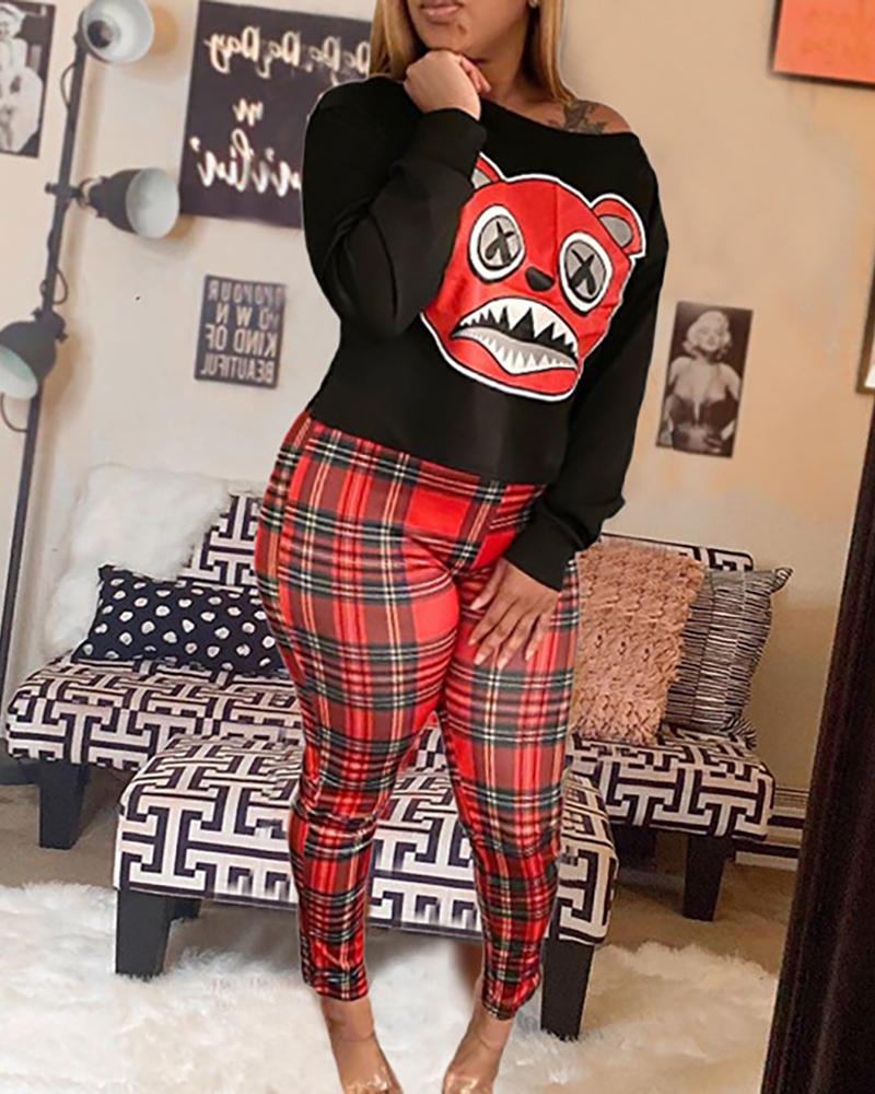 

Cartoon Print Top & Plaid Print Pants Set, Black