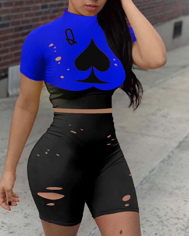 

Hollow Out Poker Print Crop Top & High Waist Shorts Set, Blue