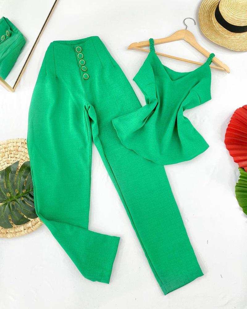 

Cami Top & High Waist Buttoned Pants Set, Green