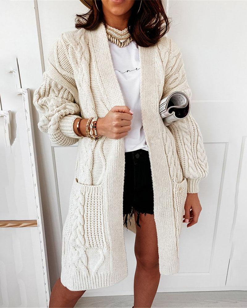 

Pocket Design Long Sleeve Cable Knit Cardigan, Beige
