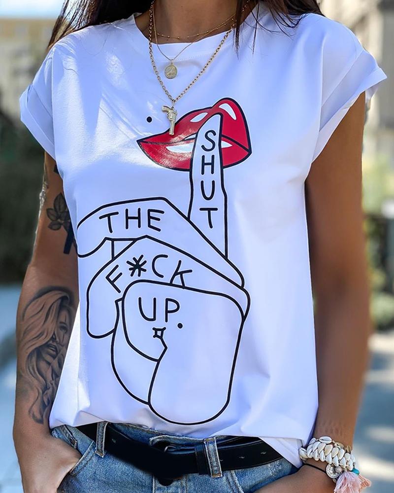 

Letter Hand Lip Print Casual T-shirt, White