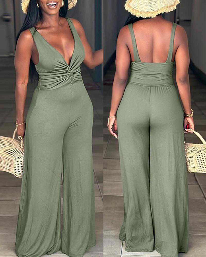 

Plunge Twisted Ruched Jumpsuit, Green