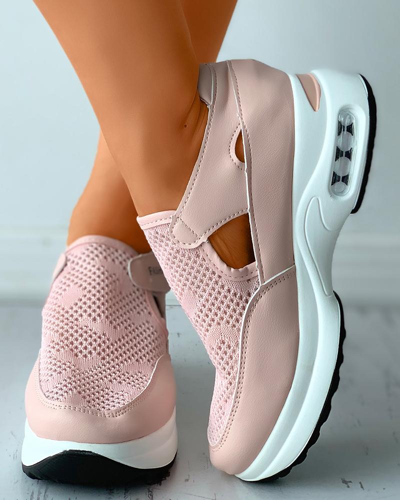 

Velcro Knit Patch Cutout Wedge Sneakers, Pink
