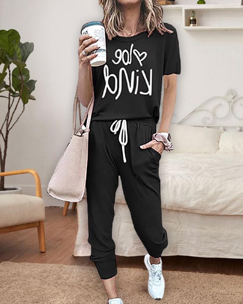 

Letter Print T-shirt & Drawstring Pocket Design Pants Set, Black