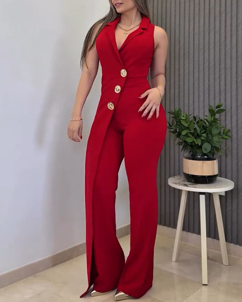 

Button Decor Notched Collar Overlap V-Neck Sleeveless Wrap Front Overalls Casual Zipper Back Jumpsuit, Wine red