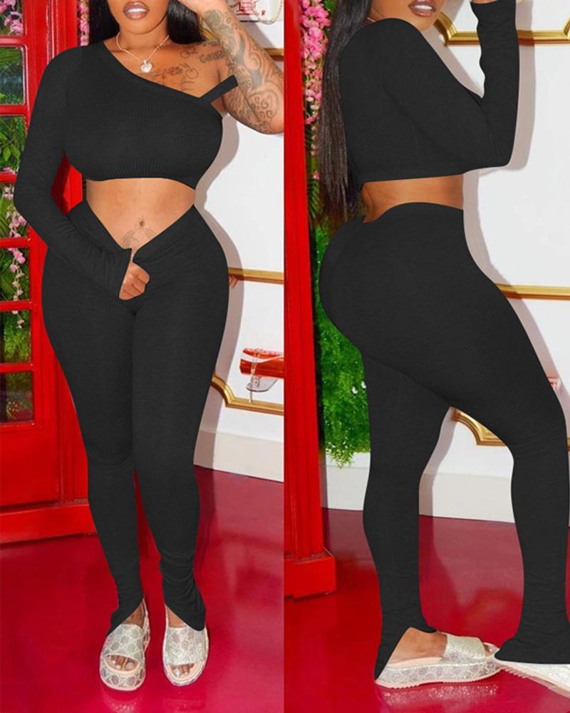 

One Shoulder Ribbed Crop Top & Bootcut Pants Sets, Black