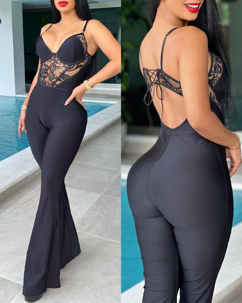 

Contrast Lace Backless Flared Leg Jumpsuit, Black