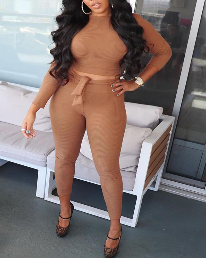 

Ribbed Long Sleeve Crop Top & Pants Set, Khaki