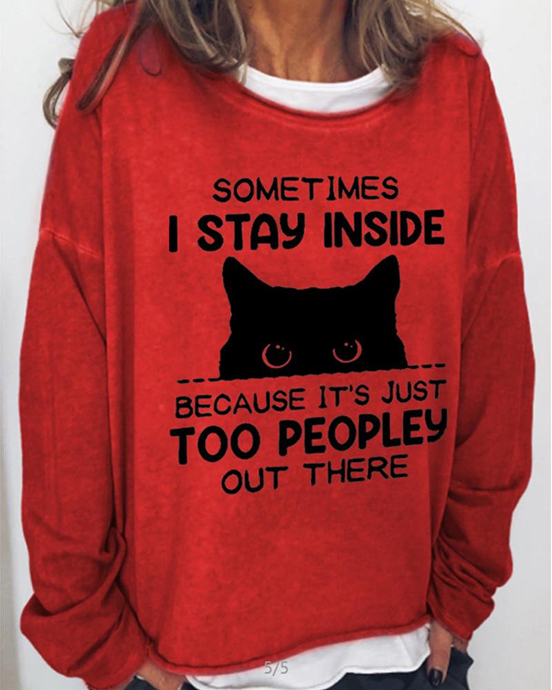 

Letter Cat Print Long Sleeve Casual Top, Red