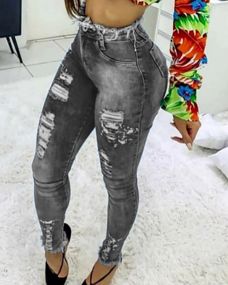 

Fringe Hem High Waist Ripped Jeans, Gray