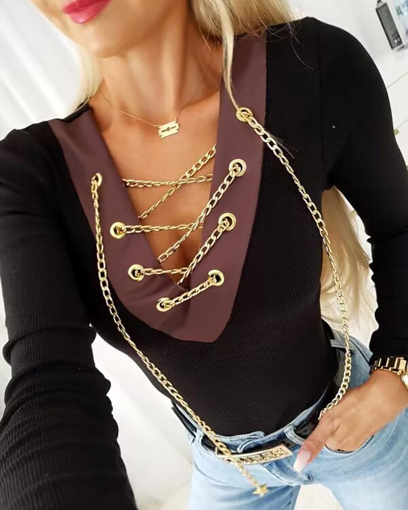 

Contrast Paneled Chain Decor Lace Up Top, Black