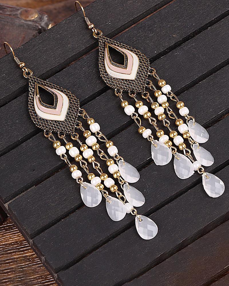 

1Pair Bohemian Waterdrop Beaded Tassel Design Hook Earrings, White