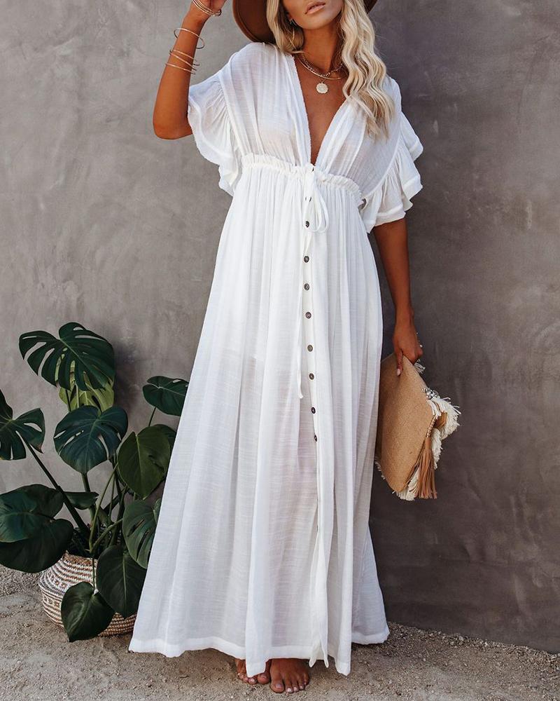 

Ruffles Plunge Button Design Drawstring Casual Dress, White