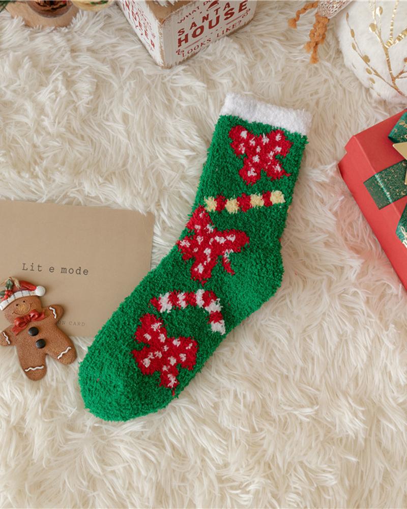 1Pair Christmas Elk Polka Dot Pattern Fuzzy Thermal Socks