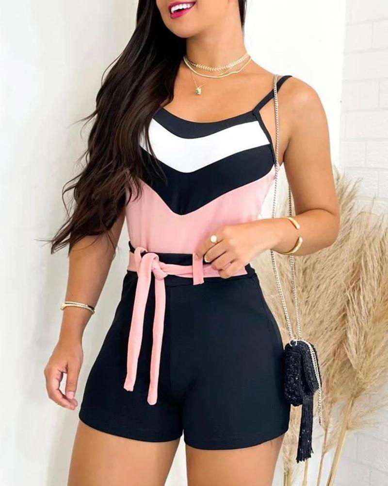 

Colorblock Cami Top & Plain High Waist Shorts Set, Pink