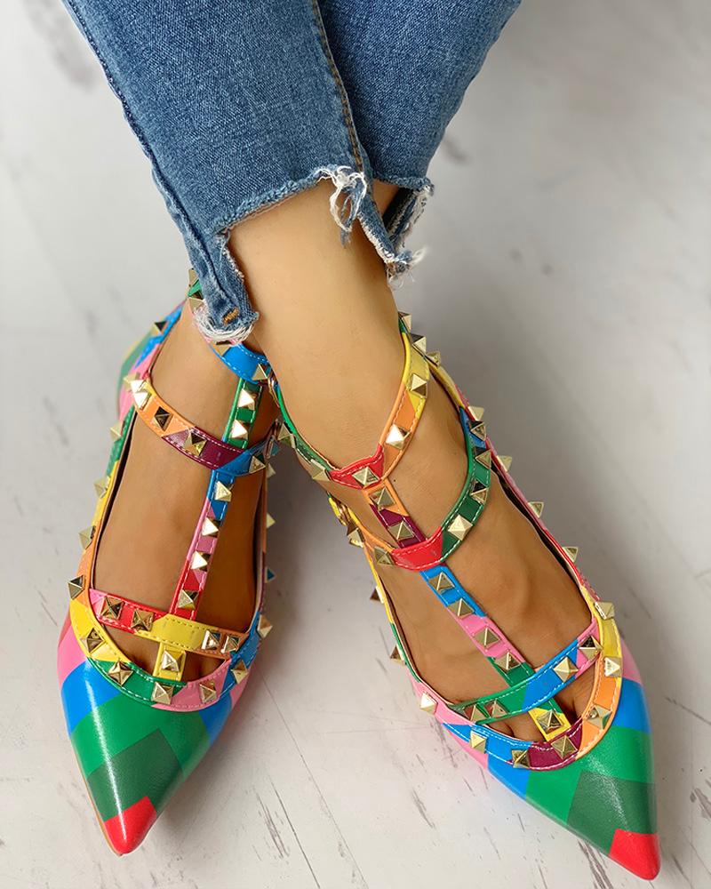 

Rivet Detail Colorblock Insert Flat Shoes, Multicolor