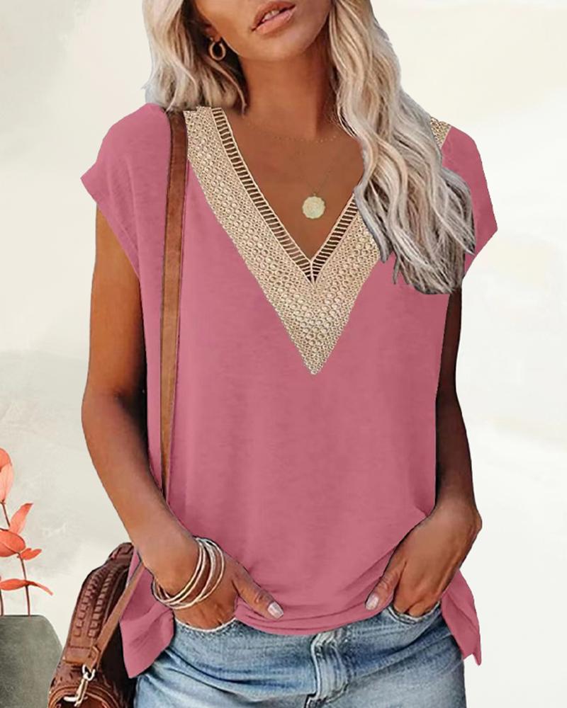 

Cap Sleeve Contrast Lace Top, Pink