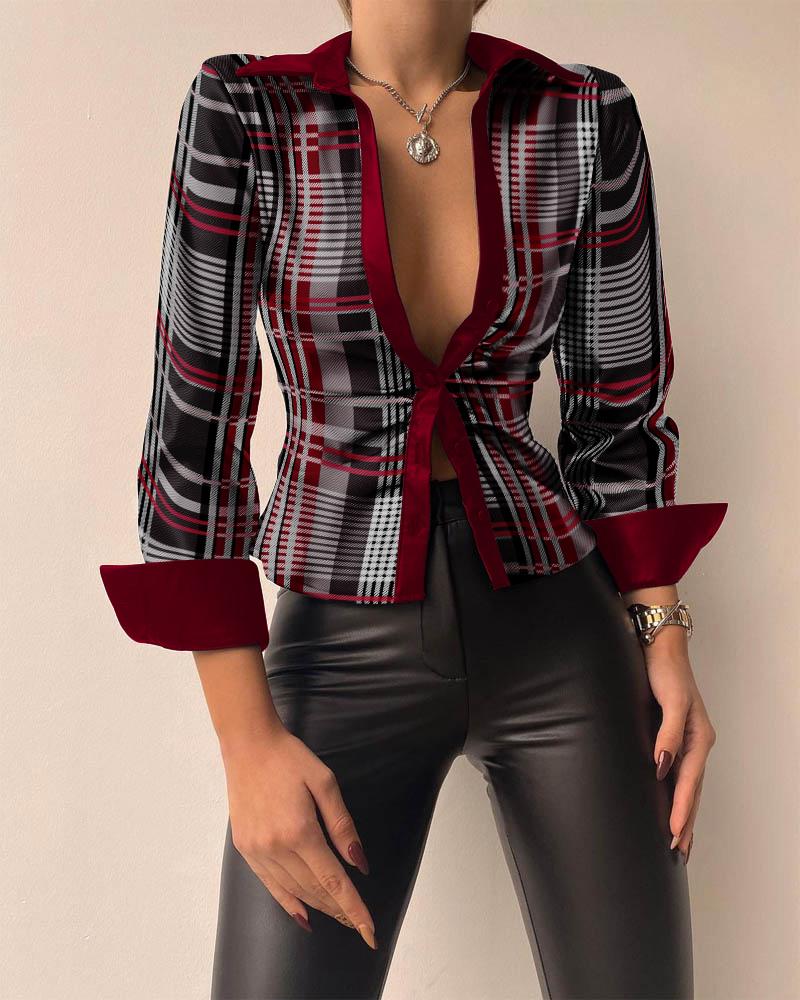 

Plaid Print Long Sleeve Button Down Shirt, Gray