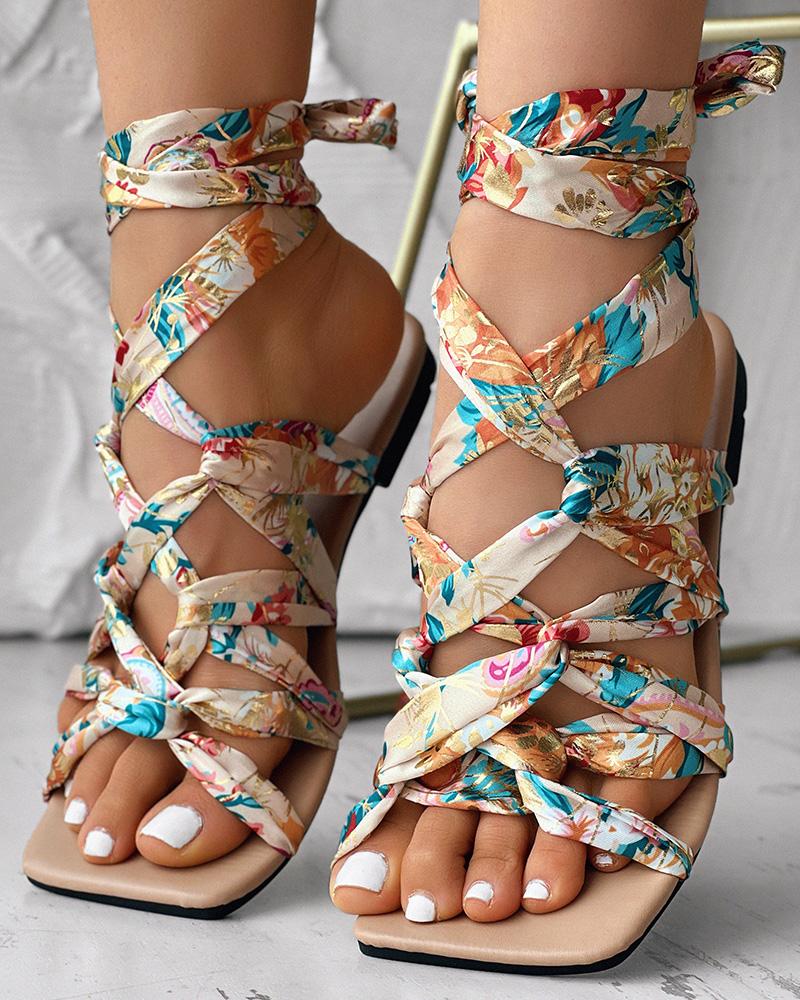 

Floral Print Tied Detail Criss Cross Square Toe Flat Sandals, Champagne