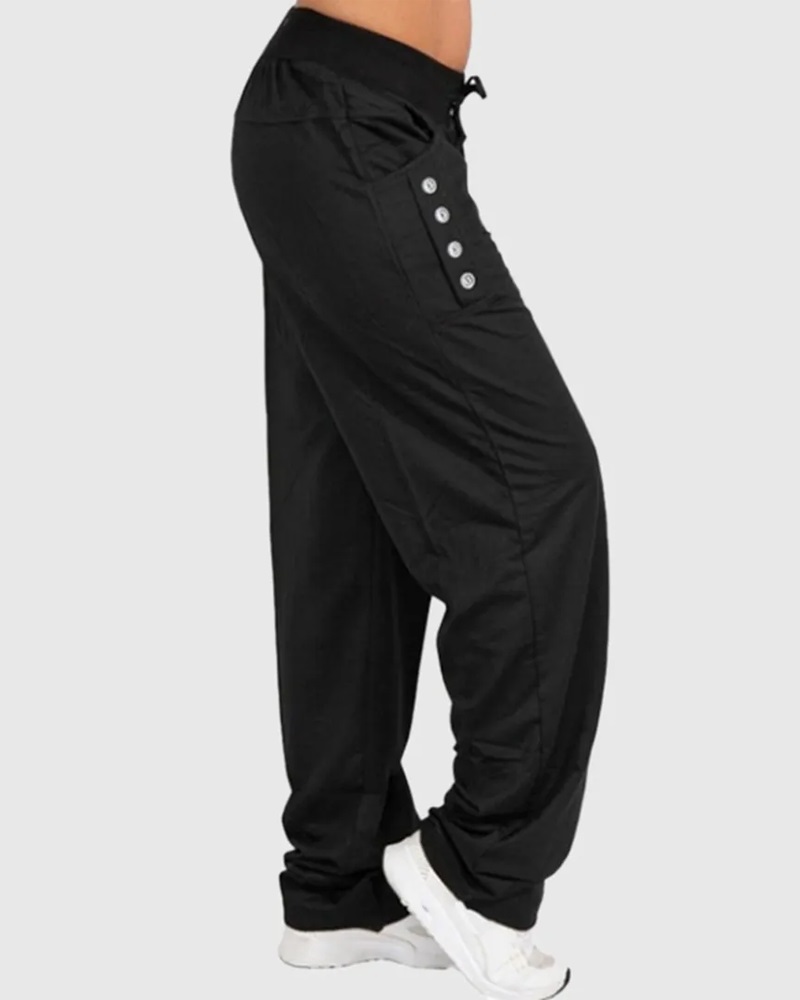 

Button Decor Slant Pocket Drawstring Straight Leg Pants, Black