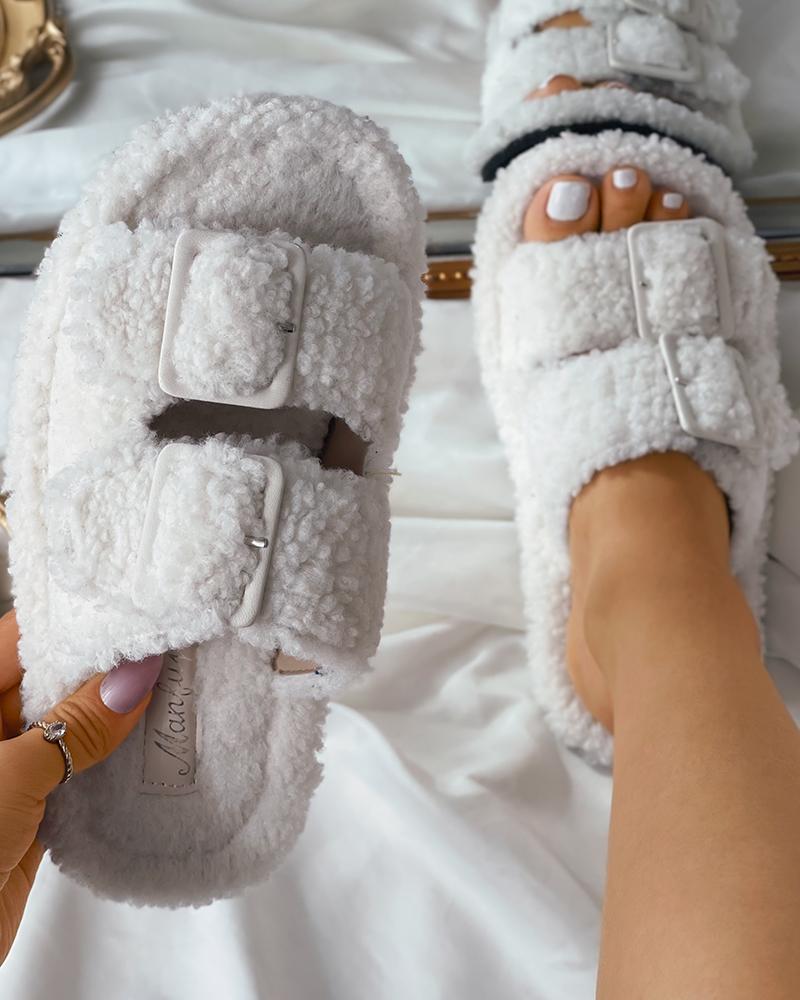 

Double Band Buckled Fluffy Slippers, Beige