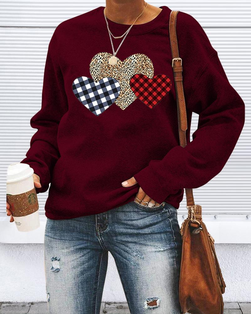 

Valentine' Day Heart Print Long Sleeve Sweatshirt, Wine red