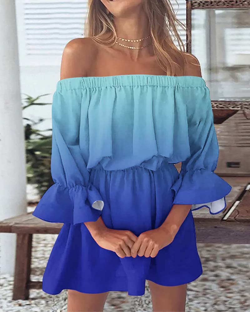 

Ombre Off Shoulder Lantern Bell Sleeve Dress, Blue