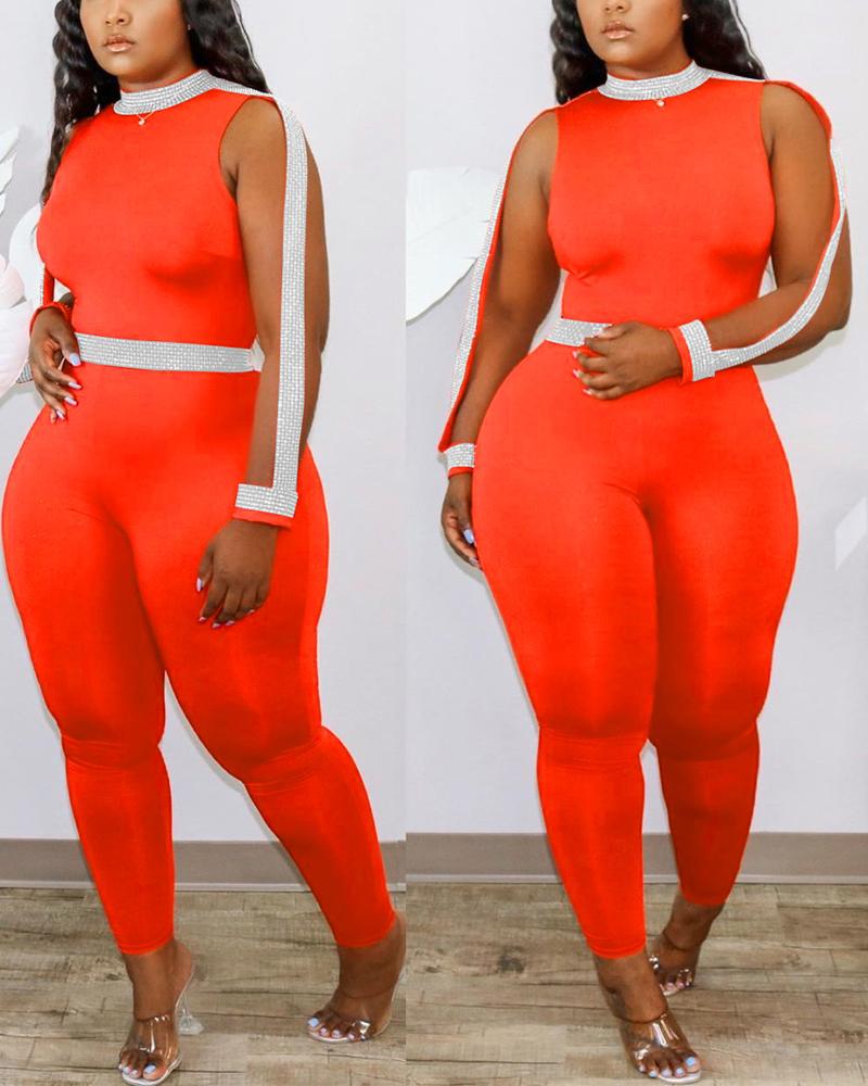 

Glitter Tape Patch Sleeveless Jumpsuit, Red