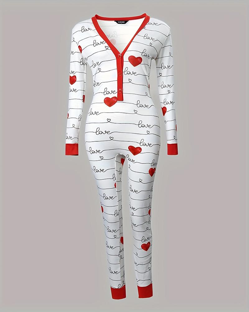 

Valentine' Day Heart Print Functional Buttoned Flap Sleep Onesie, White