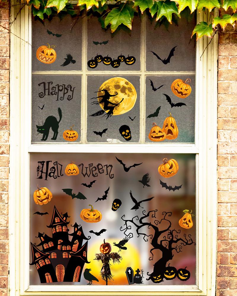 

3 Sheets Halloween Cats Tree Witch Ghost Castle Cemetery Haunted House Pumpkins Glasses Window Clings Decorations Stickers, Black