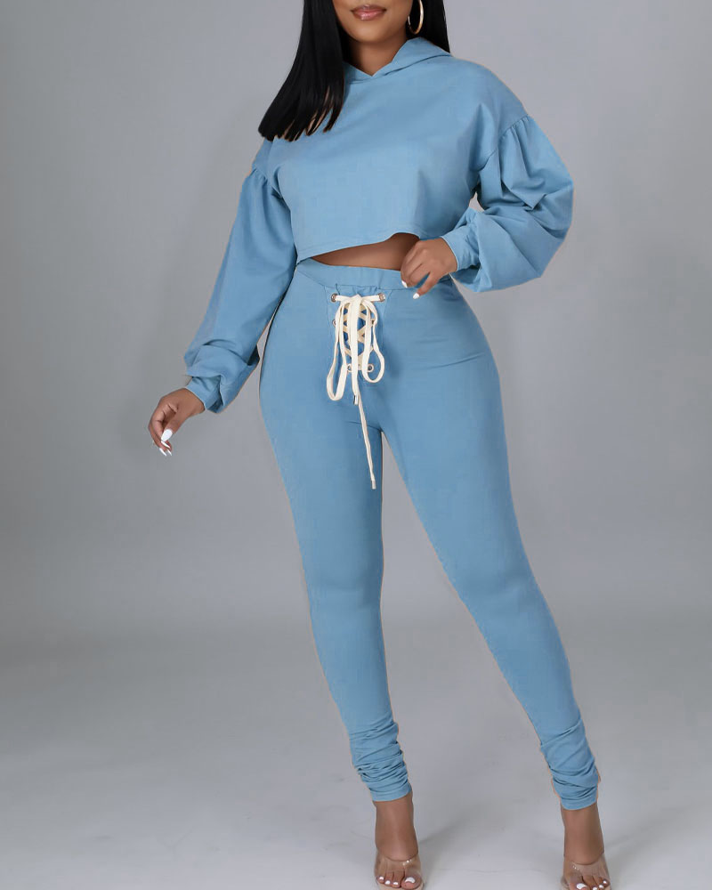 

Eyelet Lace-up Hooded Lantern Sleeve Crop Top & Pants Set, Blue