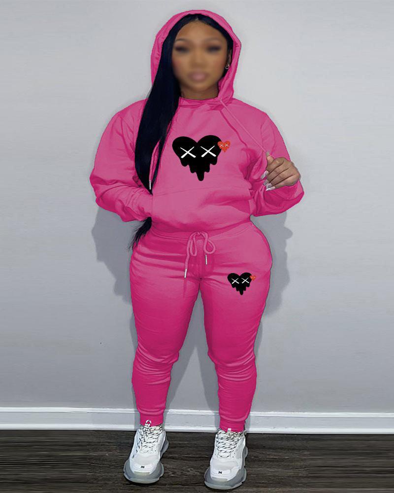 

Plus Size Heart Print Casual Hoodie & Pants Set, Hot pink