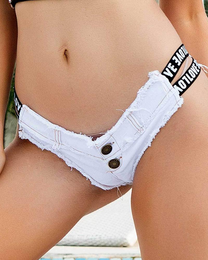 

Cutout Letter Tape Patch Denim Shorts, White