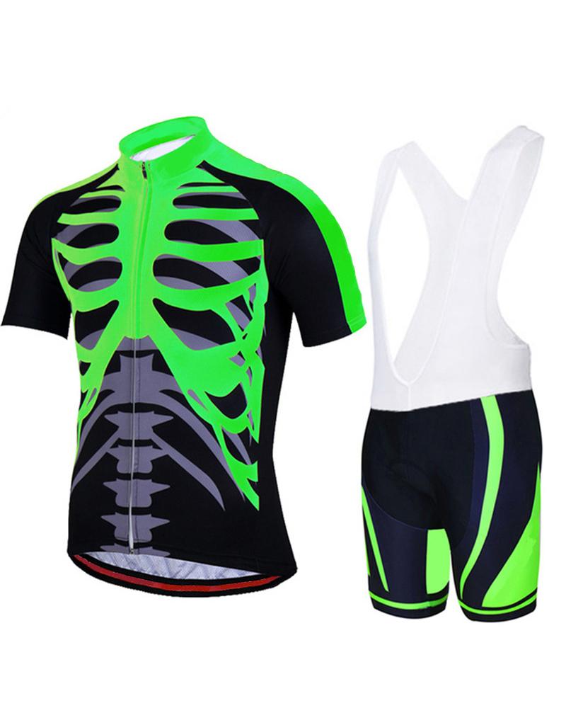 

Skeleton Cartoon Print Short Sleeve T-shirts With Sleeveless Skinny Rompers Suit Sets, Green