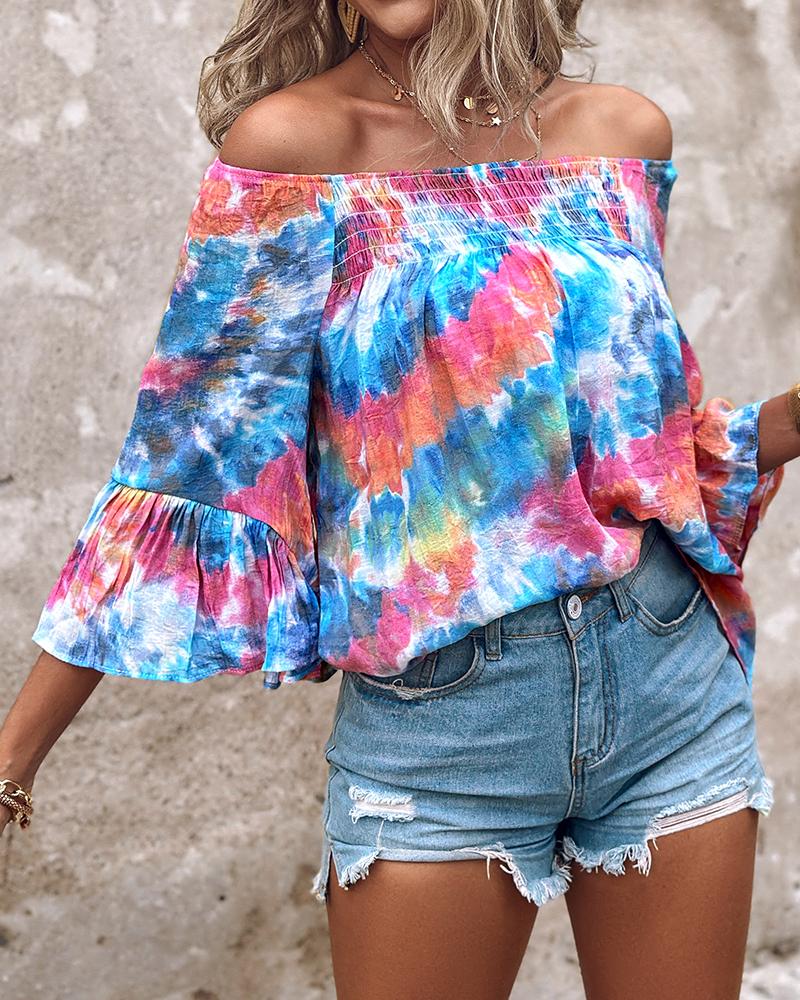 

Floral Print Shirred Round Neck Top, Blue