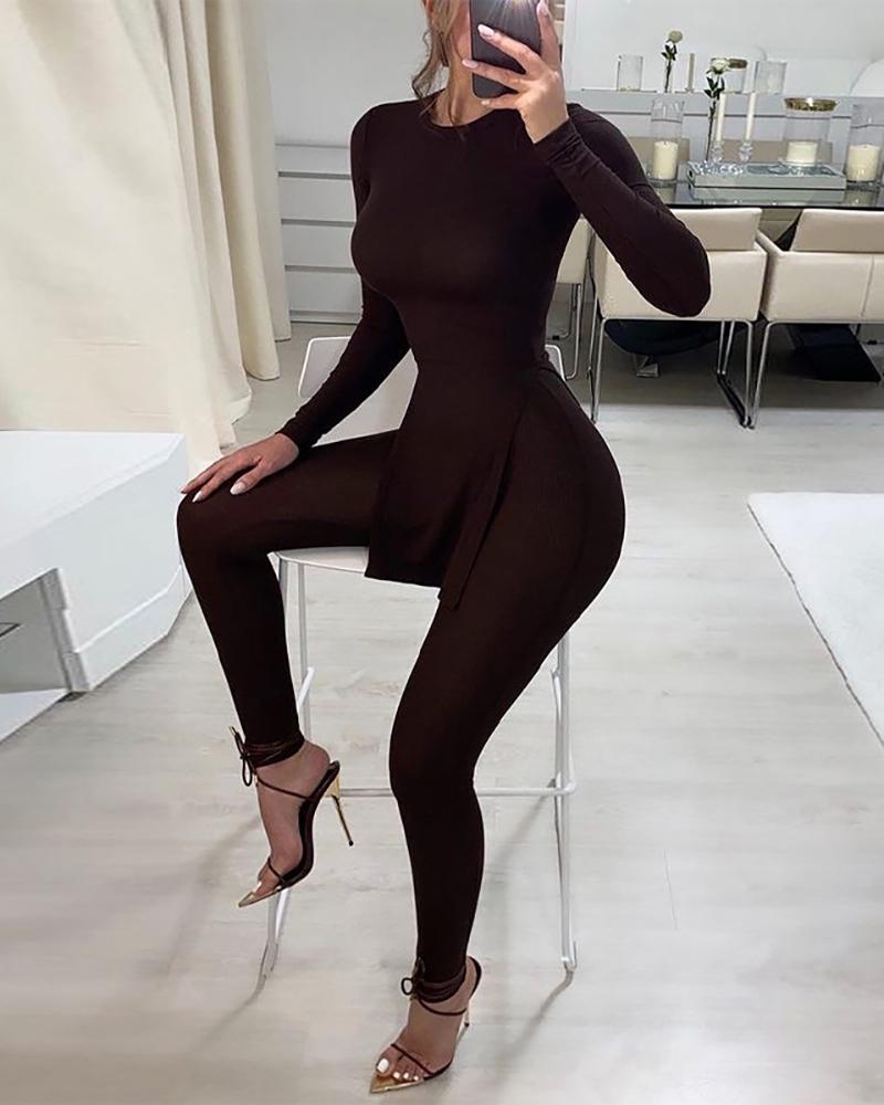 

O-Neck Slit Long Sleeve Top & High Waist Pants Set, Black