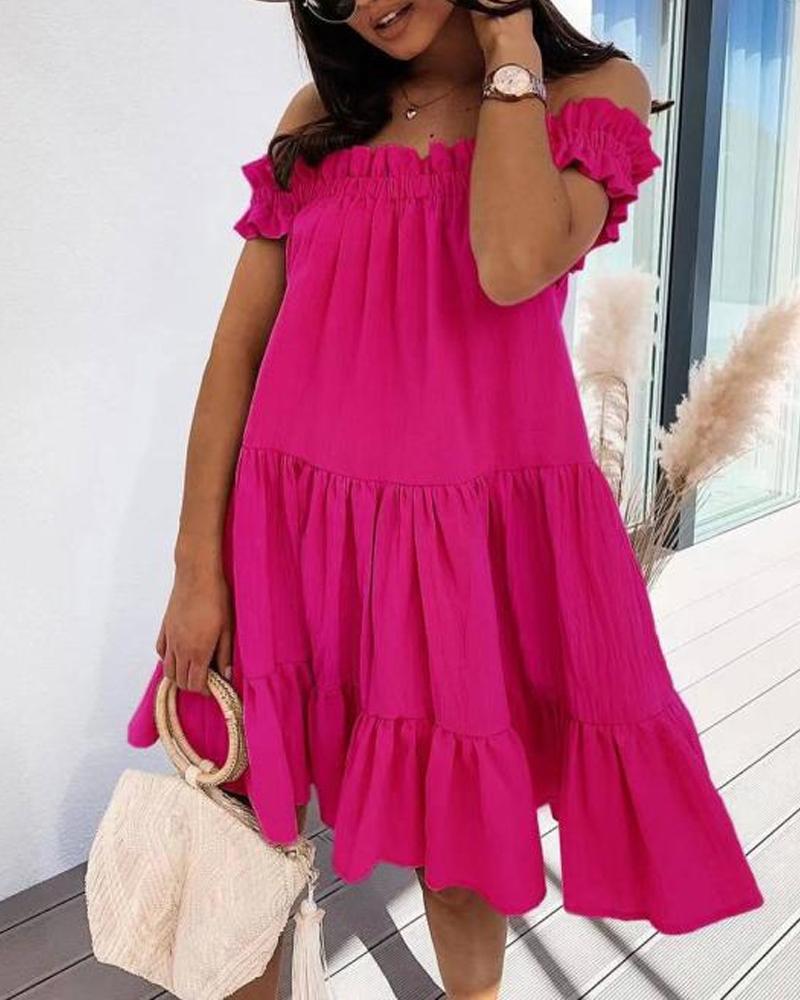 Off Shoulder Frill Hem Flowy Swing Dress