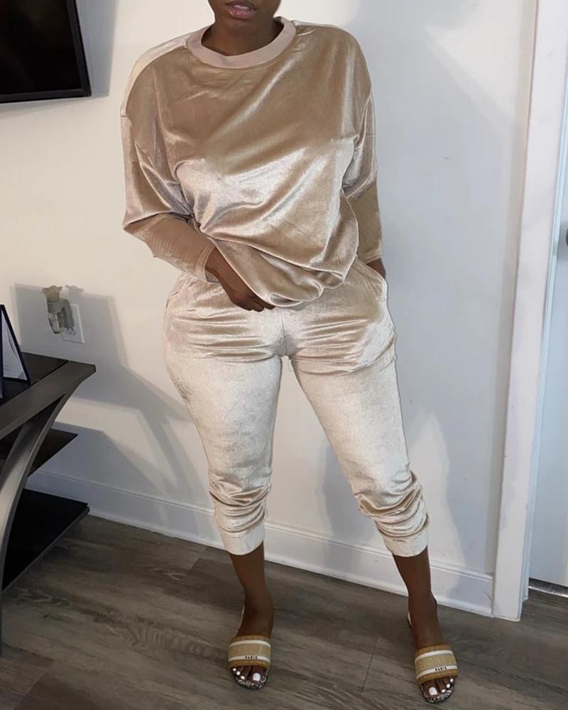 

Velvet Long Sleeve Top & Pants Set, Apricot
