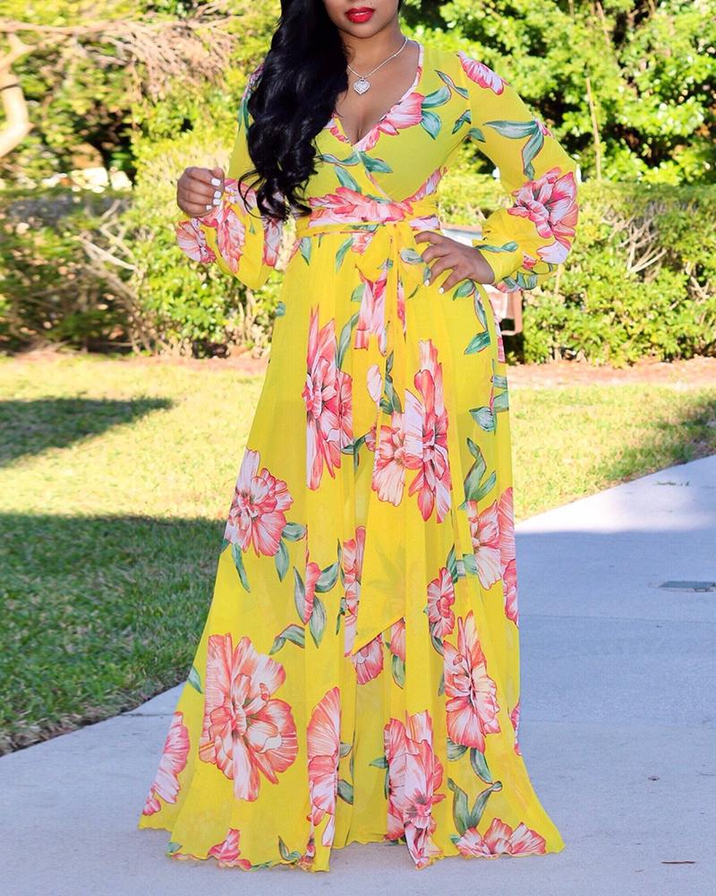 

Plus Size Tropical Print Deep V Belted Warp Maxi Dress, Yellow