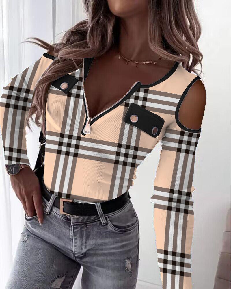 

Plaid Print Cold Shoulder Zipper Design Top, Apricot