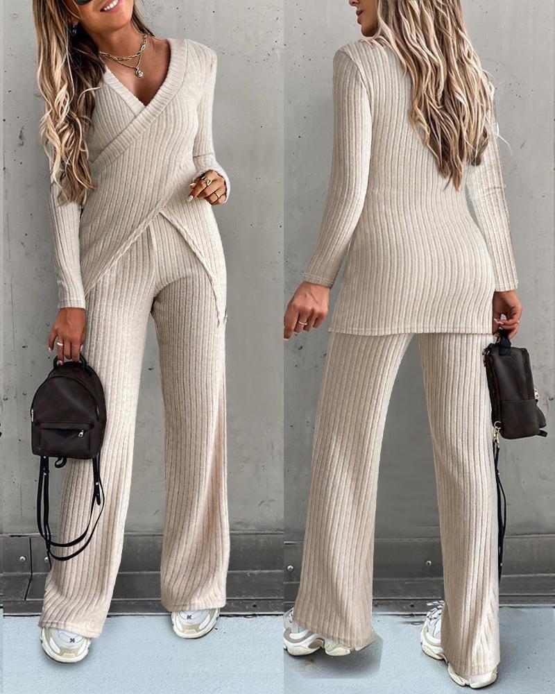 

Ribbed Overlap Wrap Top & High Waist Pants Set, Apricot