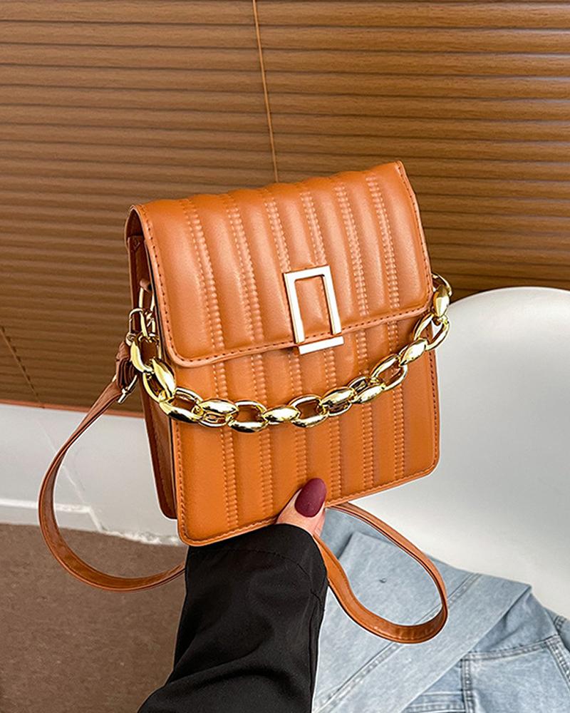 

Quilted Chain Decor Flap Crossbody Bag, Brown