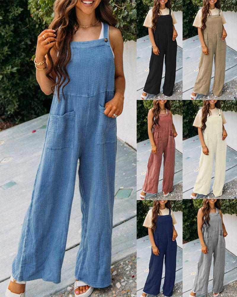 

Wide Leg Pocket Design Suspender Jumpsuit, Blue